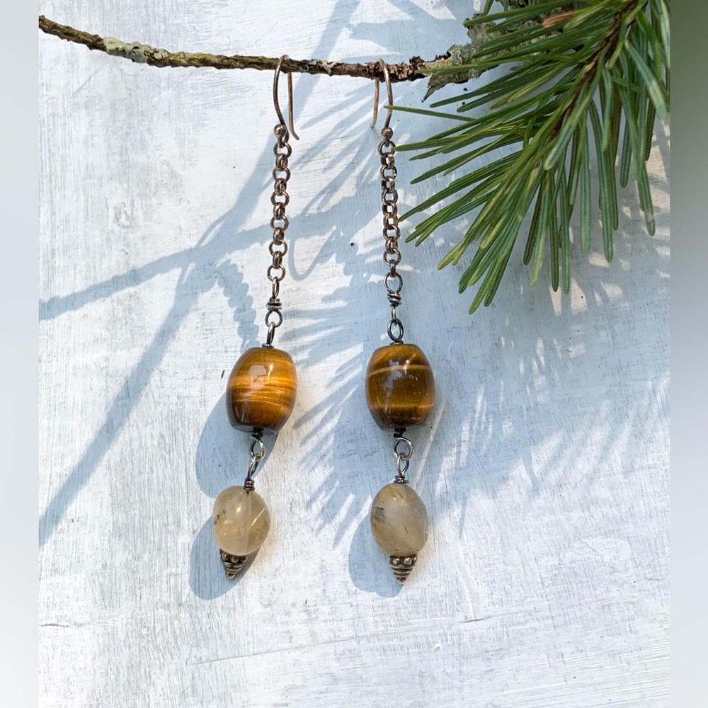 Tiger Eye and Quartz Sterling Silver Dangle Earrings by Anne More Jewelry - Picture 3 of 5